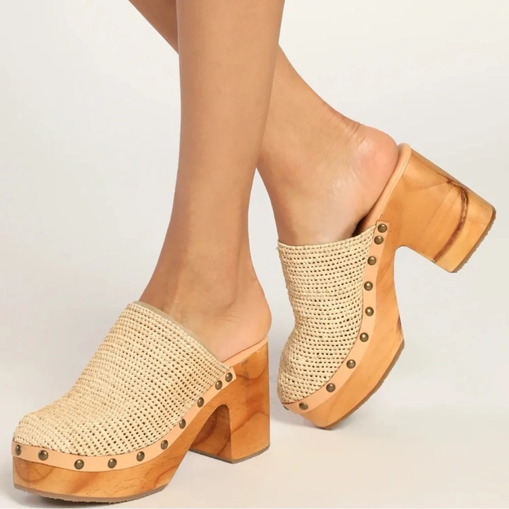 Free People Cream Tan Clog Mules with Wooden Soles - Picture 1 of 9